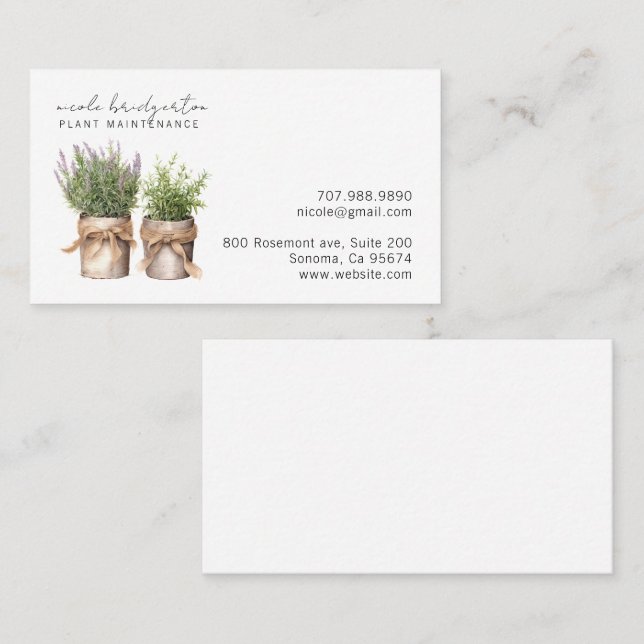 Elegant Watercolor Gardener Plants Business Card (Front/Back)