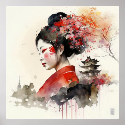 Elegant Watercolor Geisha Portrait Poster
