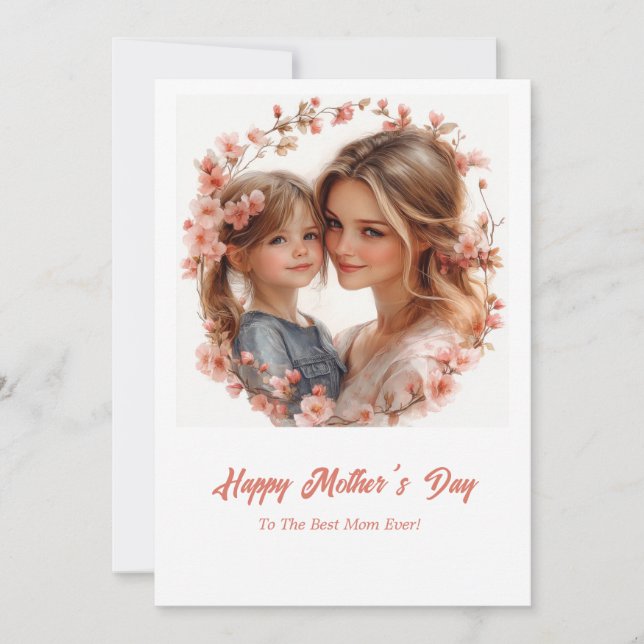 Elegant Watercolor gentle mom and girl Holiday Card (Front)