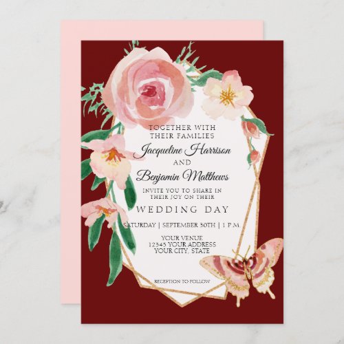 Elegant Watercolor Geometric Blush Gold Floral Invitation