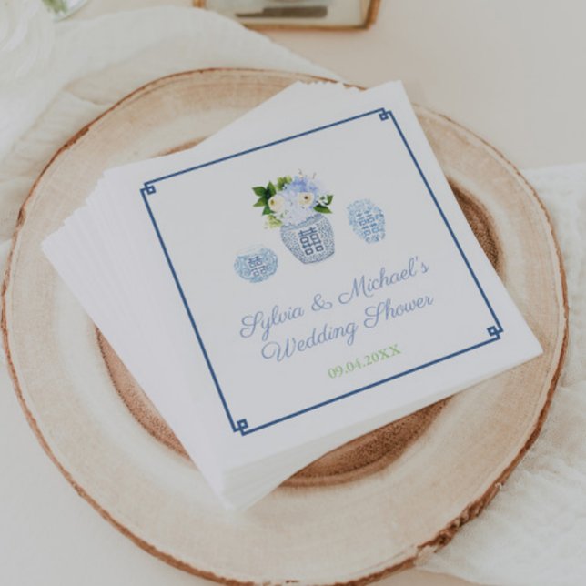 Elegant Watercolor Ginger Jar Wedding Shower Party Napkins (Chinoiserie chic wedding shower napkins featuring 3 blue and white ginger jars and Greek key border)