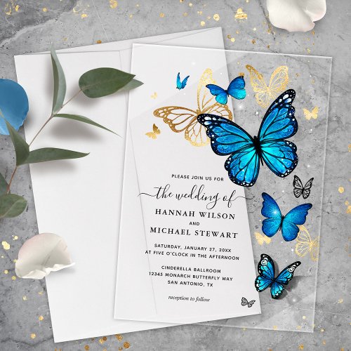 Elegant Watercolor Gold and Blue Butterfly Wedding Acrylic Invitations