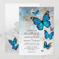 Elegant Watercolor Gold Blue Butterfly Wedding