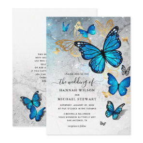 Elegant Watercolor Gold Blue Butterfly Wedding Invitation