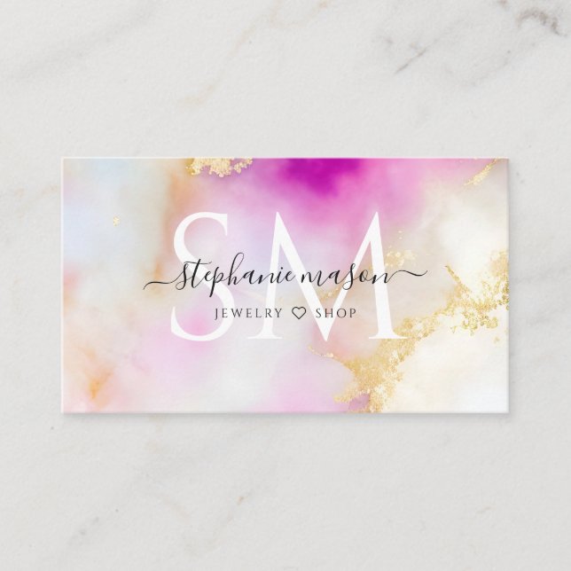 Elegant Watercolor Gold Blush Pink Monogram Calling Card (Front)