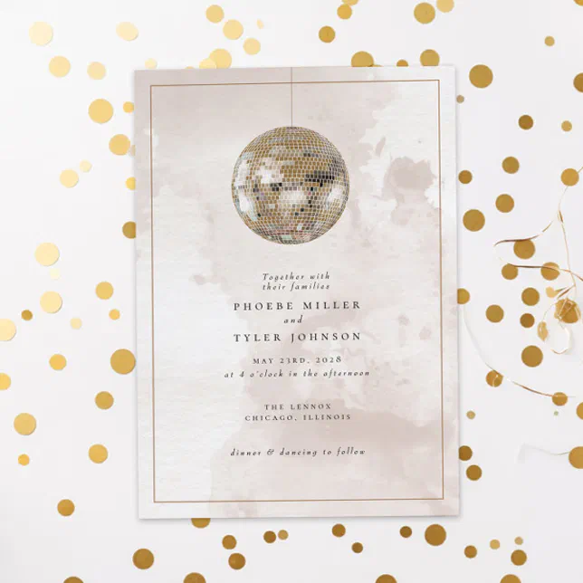Elegant Watercolor Gold Disco Ball Wedding Invitation Zazzle