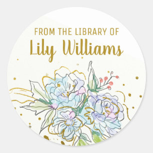 Elegant Watercolor Gold Floral Library Bookplate