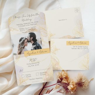 Elegant Watercolor Gold Foliage Photo Boho Wedding