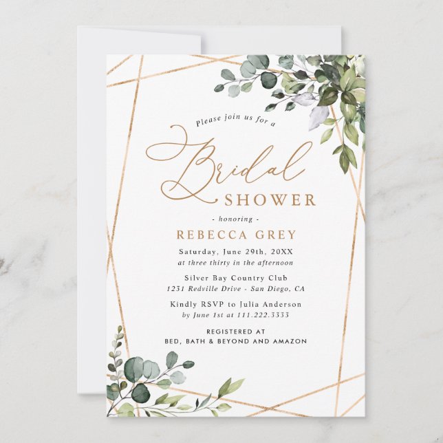 Elegant Watercolor Gold Greenery Bridal Shower Invitation (Front)