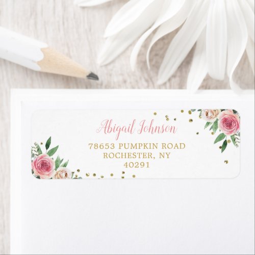Elegant Watercolor Gold Pink Floral Return Address Label