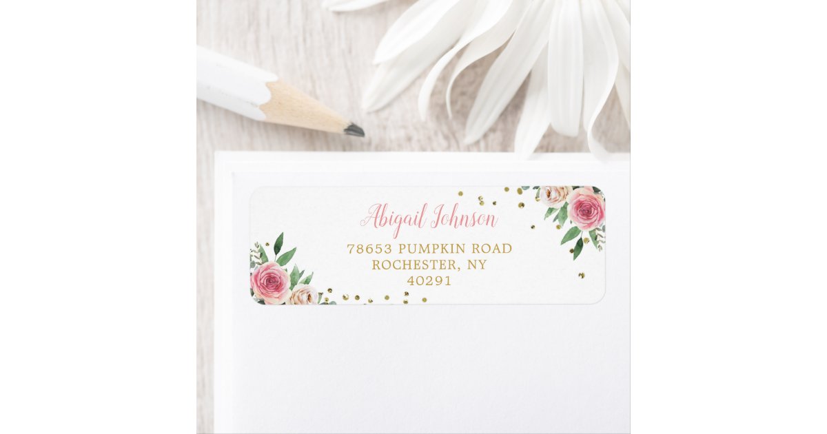 Elegant Watercolor Gold Pink Floral Return Address Label | Zazzle