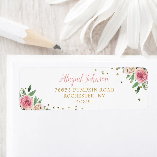 Elegant Watercolor Gold Pink Floral Return Address Label | Zazzle