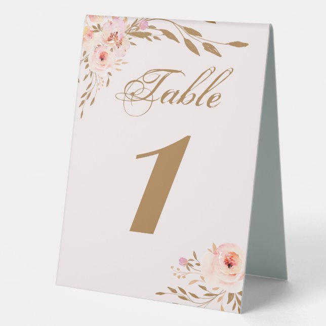 Elegant Watercolor Gold Pink Roses Wedding Table Tent (Front)