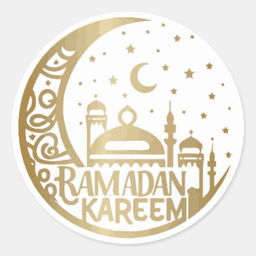 Elegant watercolor Gold Ramadan Kareem Mubarak Classic Round Sticker