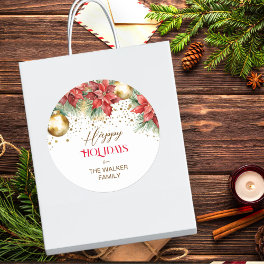 Elegant watercolor gold red poinsettia Christmas Classic Round Sticker