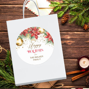 Elegant watercolor gold red poinsettia Christmas Classic Round Sticker