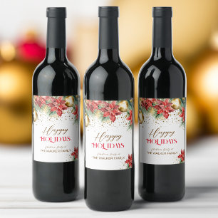 Elegant watercolor gold red poinsettia Christmas  Wine Label