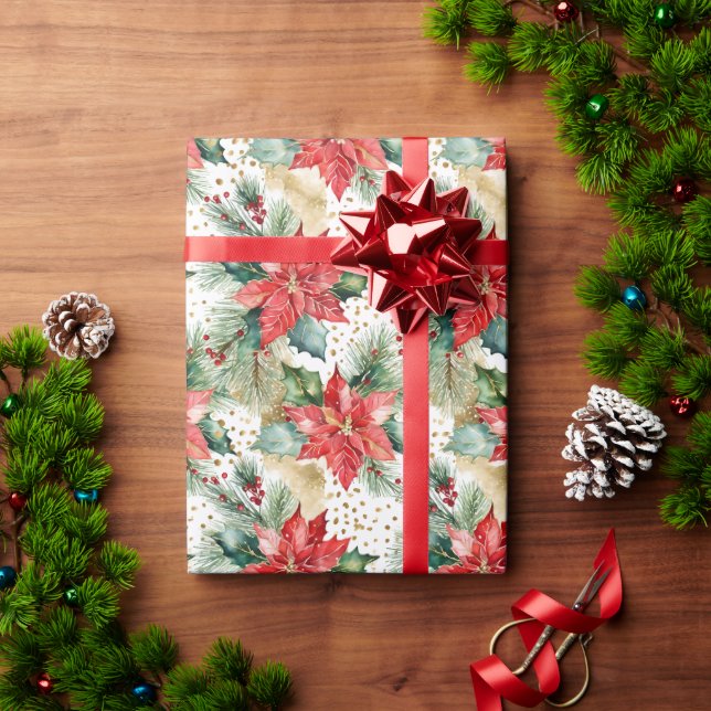 Elegant watercolor gold red poinsettia Christmas Wrapping Paper (Holiday Gift)