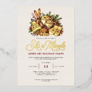 Elegant Watercolor Gold Ski and Mingle Apres Ski Foil Holiday Card