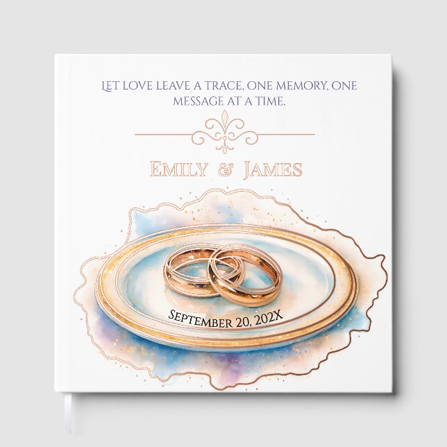 Elegant Watercolor Golden Rose Wedding Rings Foil Guest Book (Front)