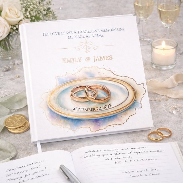 Elegant Watercolor Golden Rose Wedding Rings Foil Guest Book (Creator Uploaded)