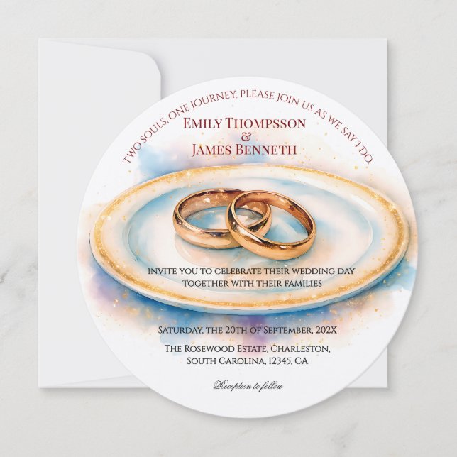Elegant Watercolor Golden Rose Wedding Rings Invitation (Front)
