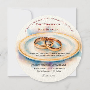 Elegant Watercolor Golden Rose Wedding Rings Invitation