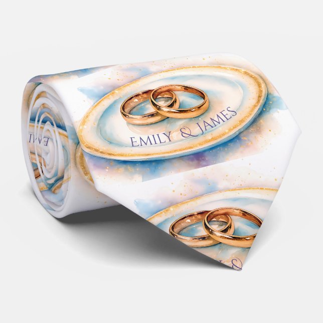 Elegant Watercolor Golden Rose Wedding Rings Neck Tie (Rolled)