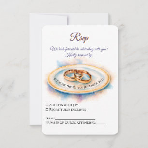 Elegant Watercolor Golden Rose Wedding Rings RSVP Card