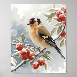 Elegant Watercolor Goldfinch Bird with Frosty Red Poster