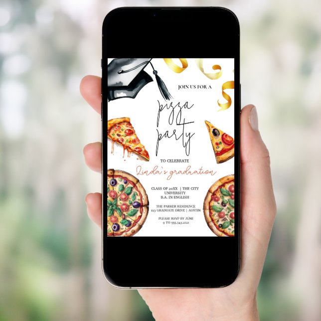 Elegant Watercolor Graduation Pizza Invitation (Front Digital)