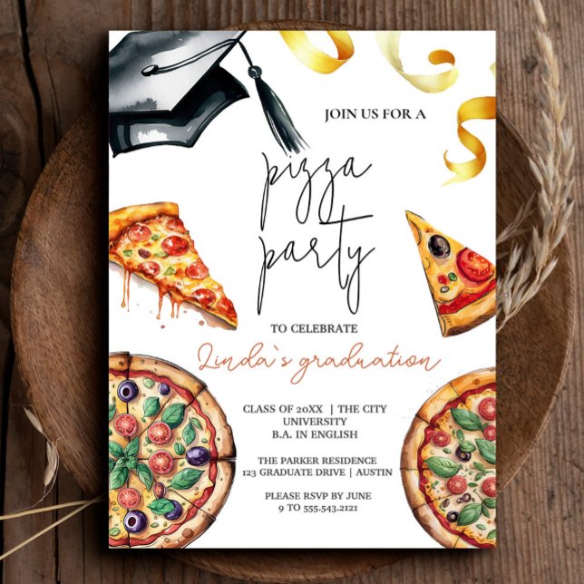Elegant Watercolor Graduation Pizza Invitation (Elegant Watercolor Graduation Pizza Invitation #zazzlemade #pizzagraduation #pizzaparty #grduate)