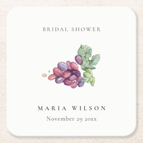 Elegant Watercolor Grape Foliage Bridal Shower Square Paper Coaster