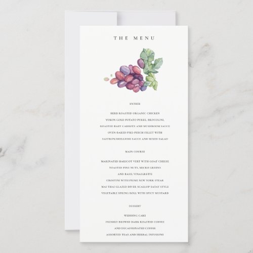 Elegant Watercolor Grape Foliage Wedding Menu Card