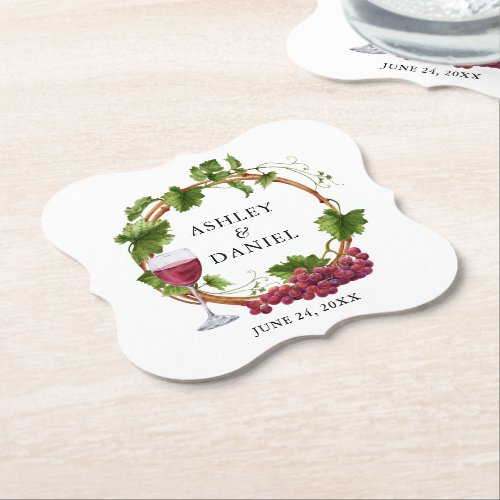 Elegant Watercolor Grape Vines Wood Wreath Wedding Paper Coaster