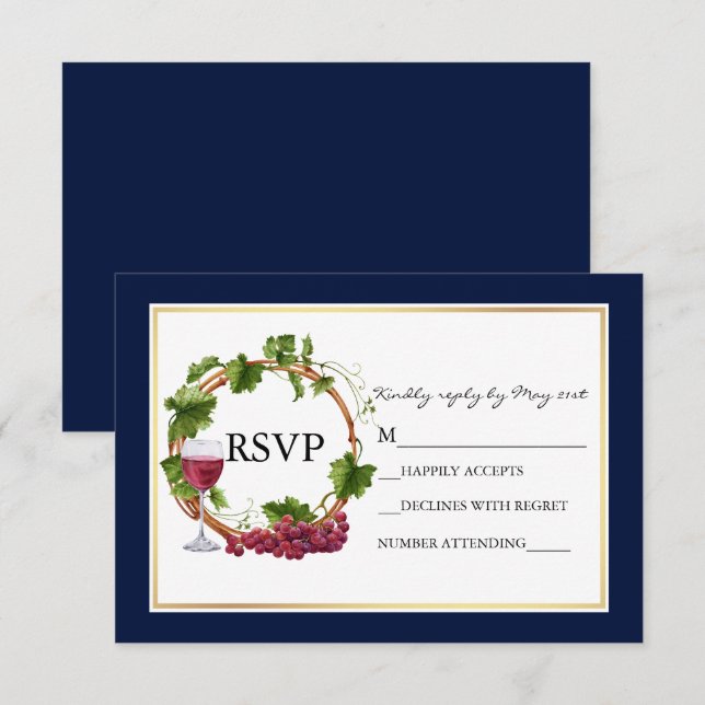 Elegant Watercolor Grape Vines Wreath Blue Wedding RSVP Card (Front/Back)
