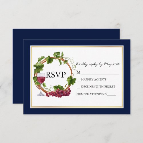 Elegant Watercolor Grape Vines Wreath Blue Wedding RSVP Card