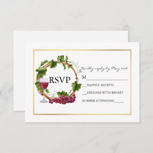 Elegant Watercolor Grape Vines Wreath Gold Wedding RSVP Card