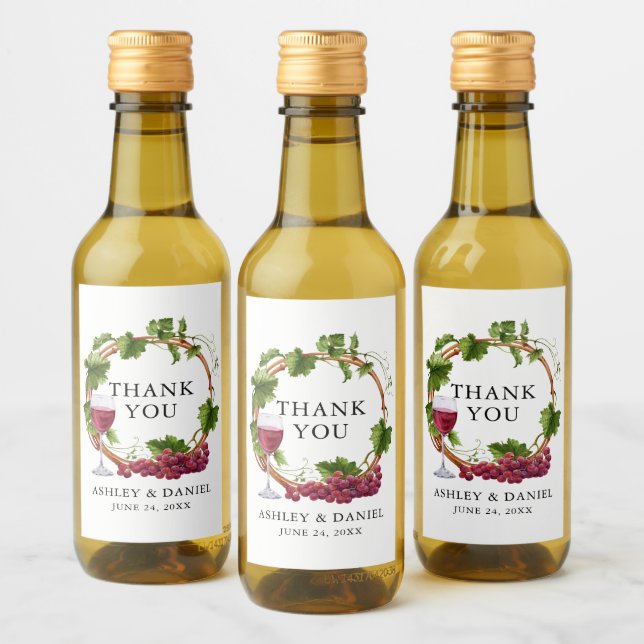 Elegant Watercolor Grape Vines Wreath Wedding Wine Label (Bottles)
