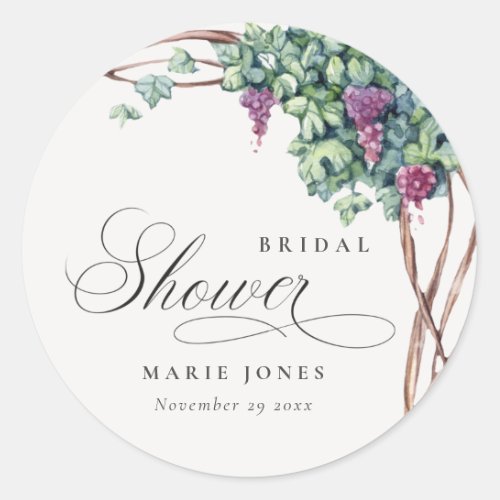 Elegant Watercolor Grapevine Fauna Bridal Shower  Classic Round Sticker