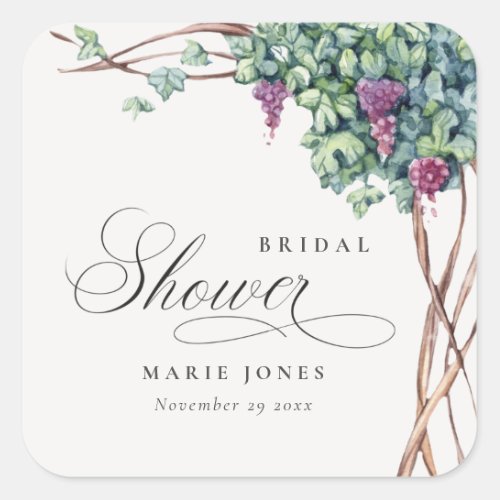 Elegant Watercolor Grapevine Fauna Bridal Shower Square Sticker