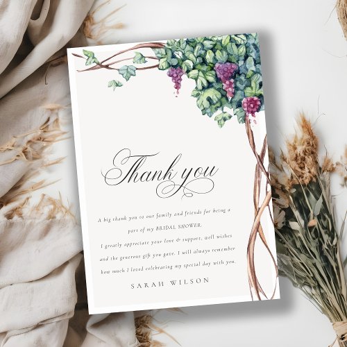 Elegant Watercolor Grapevine Foliage Bridal Shower Thank You Card