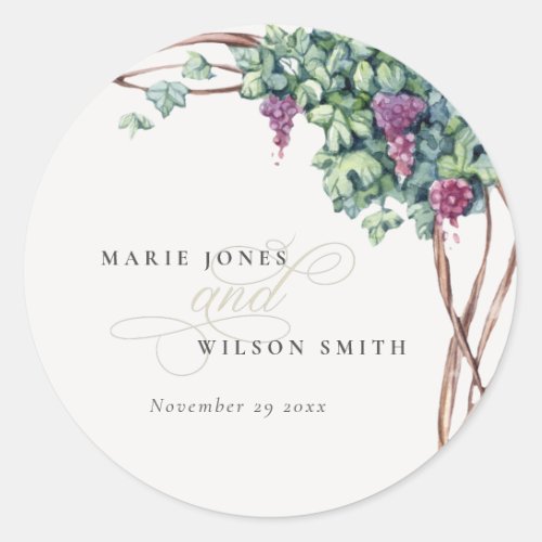 Elegant Watercolor Grapevine Foliage Wedding Classic Round Sticker