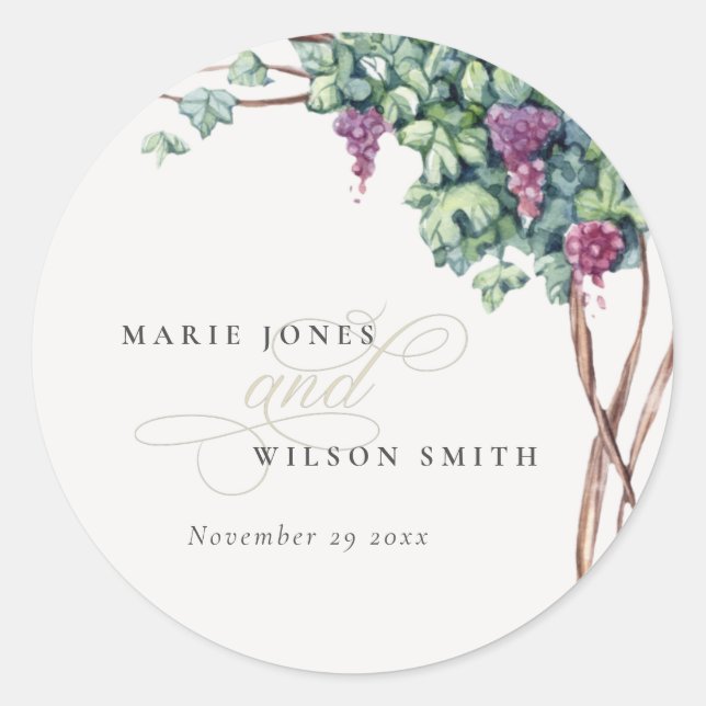 Elegant Watercolor Grapevine Foliage Wedding Classic Round Sticker (Front)