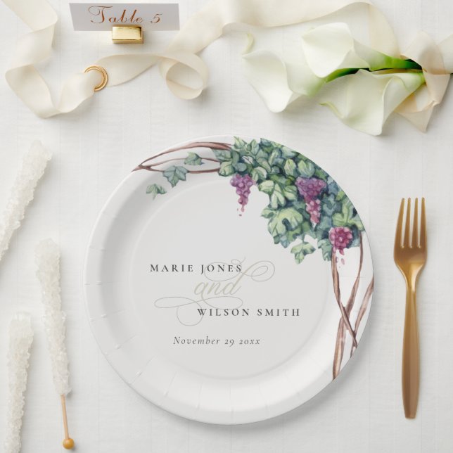 Elegant Watercolor Grapevine Foliage Wedding Paper Plates (Wedding)