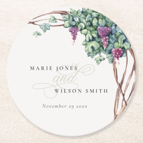 Elegant Watercolor Grapevine Foliage Wedding Round Paper Coaster