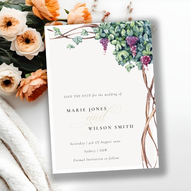 Elegant Watercolor Grapevine Save the Date Card (Creator Uploaded)