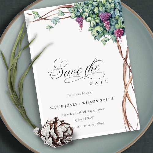 Elegant Watercolor Grapevine Save the Date Card