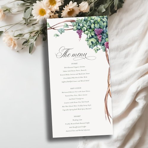 Elegant Watercolor Grapevine Wedding Menu Card