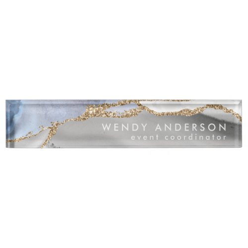 Elegant Watercolor Gray Gold Glitter Agate Desk Name Plate